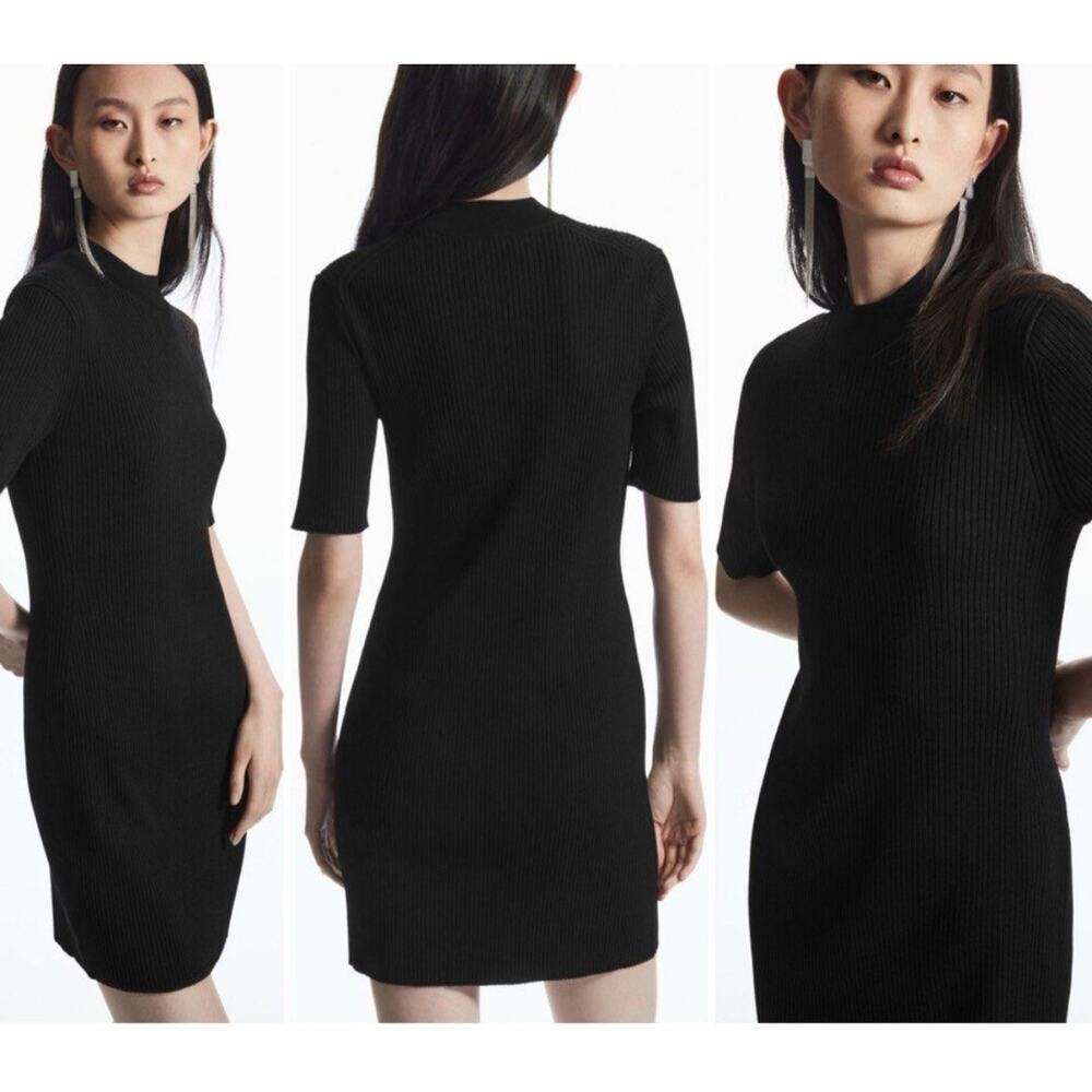 COS Womens Large Black Stretch Knit Ribbed Mock Neck Short Sleeve Mini Dress EUC